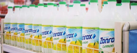 A row of bleach bottles in the supermarket.