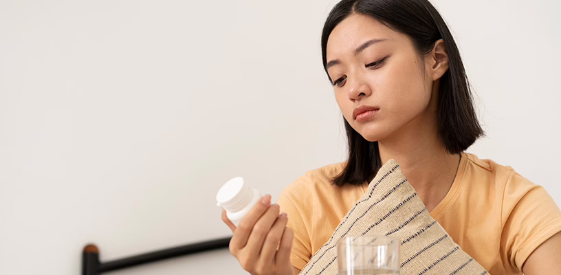 Woman examining a bottle of Tylenol to check if she can take it while pregnant.