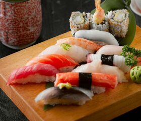 An assortment of sushi that pregnant women can't eat.