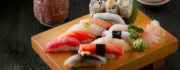 An assortment of sushi that pregnant women can't eat.