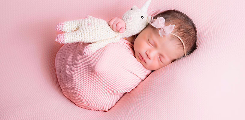 Swaddled baby sleeping while holding a stuffed toy.