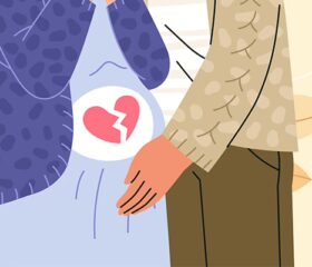 An illustration of a woman who has had a miscarriage being comforted by her partner.