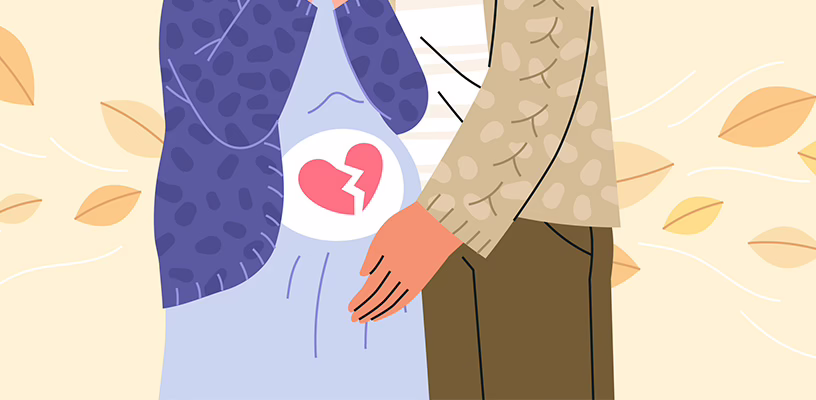 An illustration of a woman who has had a miscarriage being comforted by her partner.