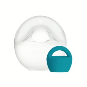 One white and one blue version of the Boon TROVE Silicone Breast Milk Collector on a white background.