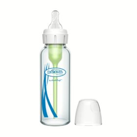 Dr. Brown's Natural Flow Anticolic Narrow Glass Bottle, standing next to its glass lid.