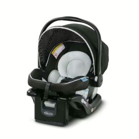 The extended canopy and padded interior of the Graco SnugRide Lite LX Infant Car Seat.