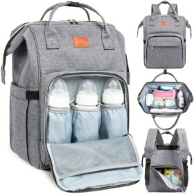 KeaBabies Original Diaper Backpack from various angles, holding several kinds of baby products.