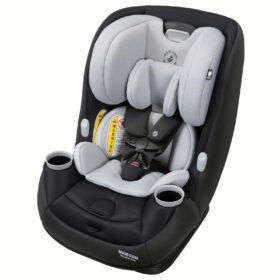 The Maxi-Cosi infant car seat's interior showing a buckled harness and padded cushions.