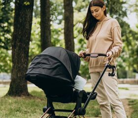 Mom pushing a baby stroller in a park.