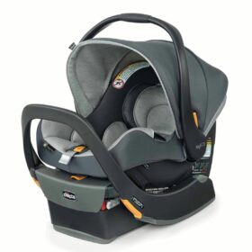 Extended canopy, plush interior, and carry handle of Chicco KeyFit 35 infant car seat.