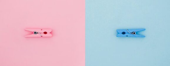 One pink and one blue clothespin, representing a baby girl and baby boy.