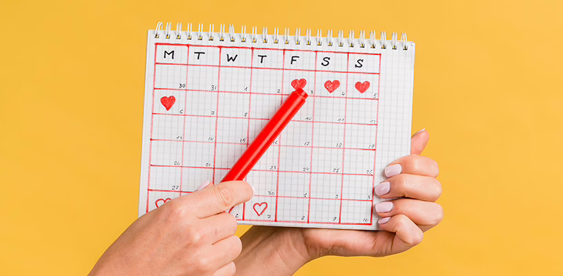 Close view of a woman holding up a period-tracking calendar.