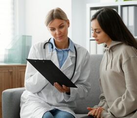 Doctor showing a patient a chart with information on her tubal ligation.