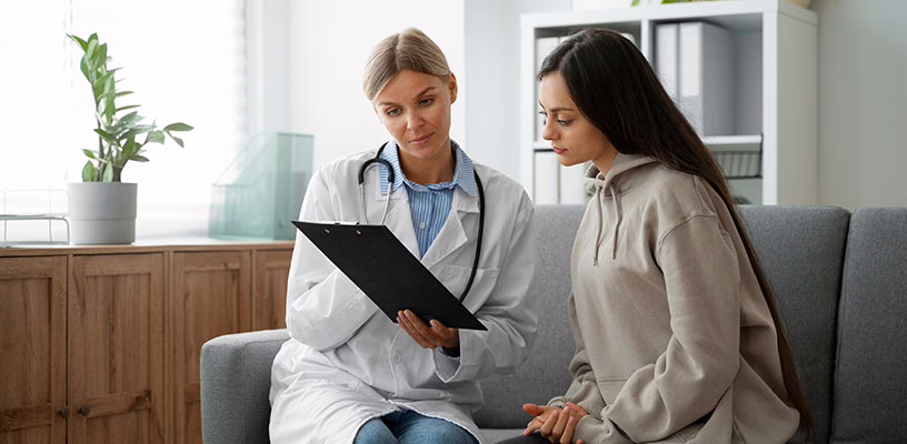 Doctor showing a patient a chart with information on her tubal ligation.