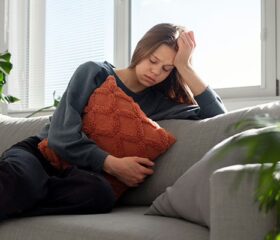 Woman sitting on a sofa suffering from cramps, unable to tell whether they're the result of PMS or pregnancy.