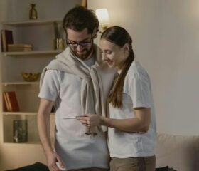Happy couple examining a positive pregnancy test in the first trimester.