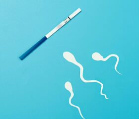 Illustrated sperm swimming towards an ovulation test strip against a blue background.