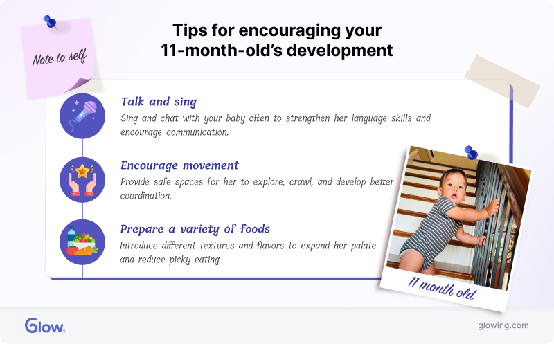 Infographic suggesting activities to encourage 11-month-old's development.