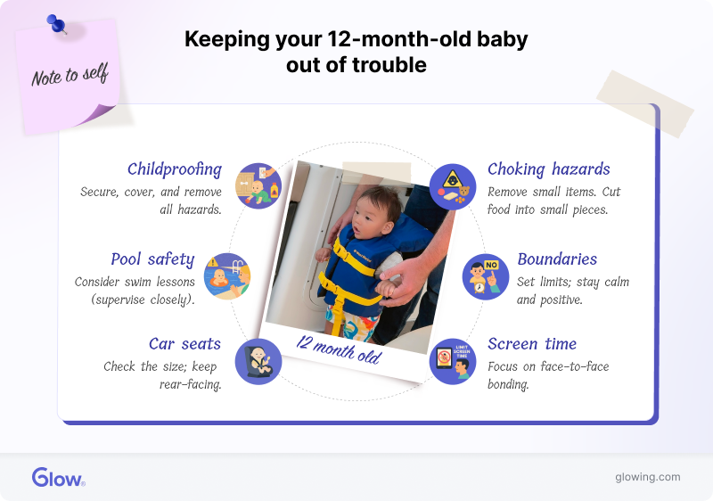 Infographic giving tips for managing your 12-month-old baby's safety.