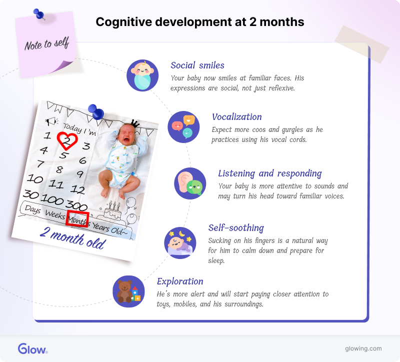 Infographic showing baby's cognitive skills development at 2 months.