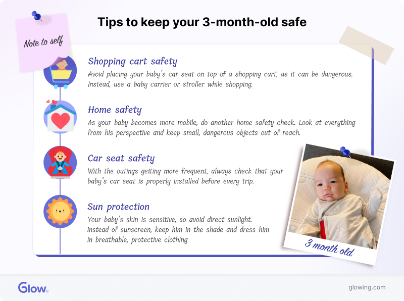 Infographic showing safety tips for care of a 3-month-old baby.