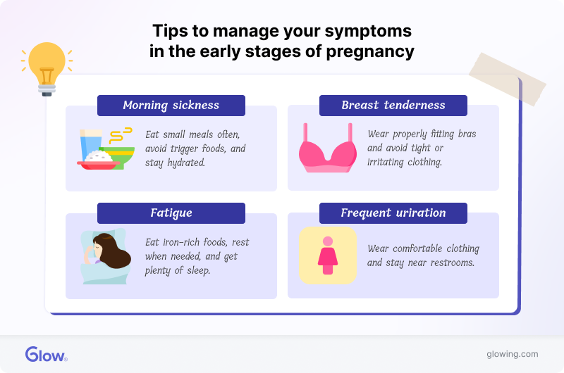 Collection of four tips on how to manage early pregnancy symptoms.