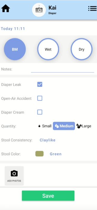 Baby Connect’s diaper changes page.