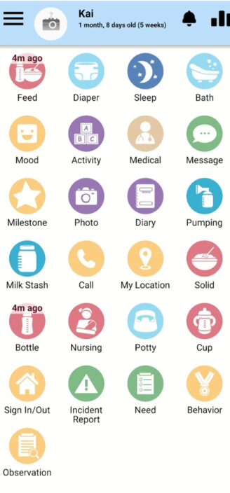 Baby Connect’s dashboard showing available tools.
