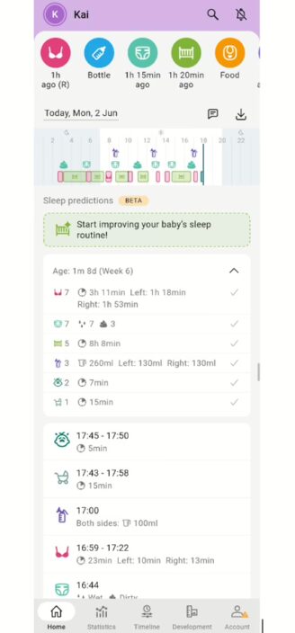 Baby Daybook’s dashboard showing current day’s activities.