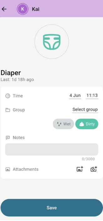 Baby Daybook’s diaper change page.