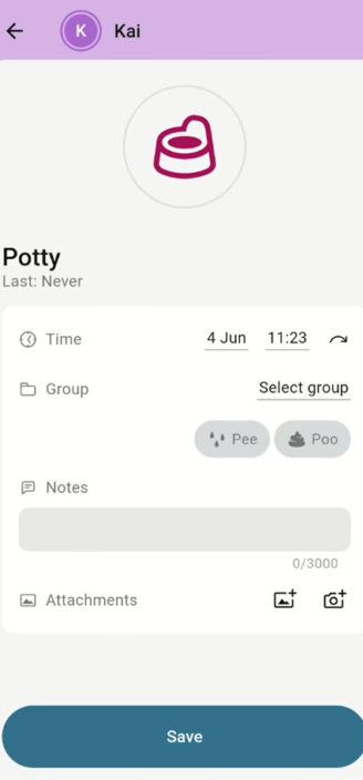 Baby Daybook’s potty training session tracker.