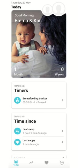 Baby Plus’s dashboard showing timers and logged events.