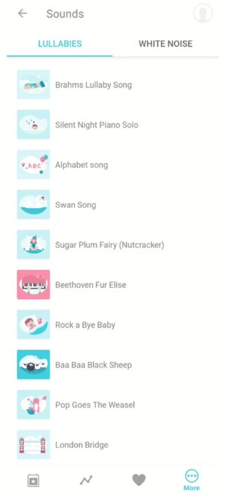Baby Plus’s list of in-app lullabies and ambient sounds.