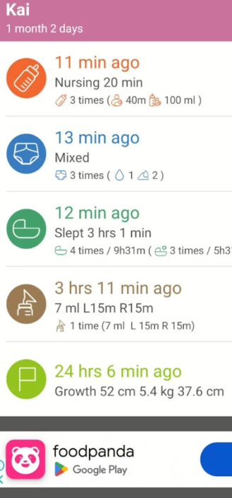 Baby Tracker’s dashboard displaying logged activities.