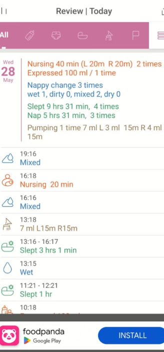 Baby Tracker’s timeline showing logged activities.