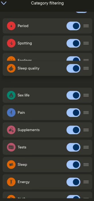 Clue’s customizable menu of symptoms.