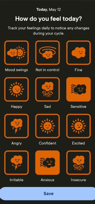 Clue’s list of symptoms to log.