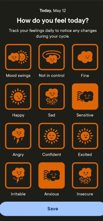 Clue’s options for logging daily moods.
