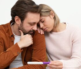 Couple looking at a pregnancy test wondering about their fertility.