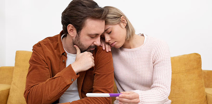 Couple looking at a pregnancy test wondering about their fertility.