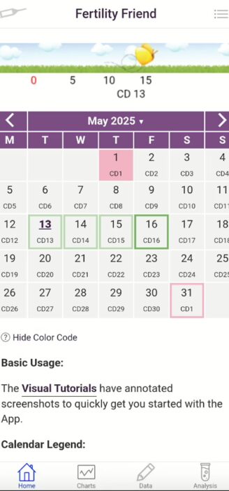 Fertility Friend’s color-coded cycle calendar.