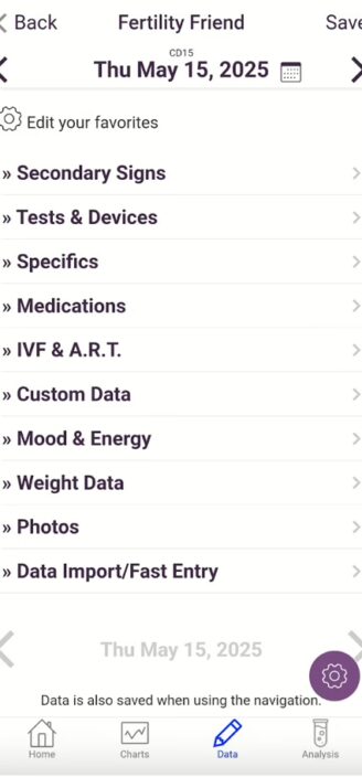 Fertility Friend’s list of tools and loggable symptoms.