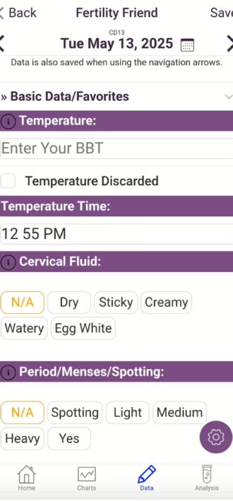 List of loggable symptoms on Fertility Friend’s menu.