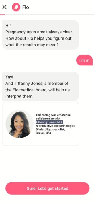 Flow’s chatbot offering advice on managing your menstrual cycle.