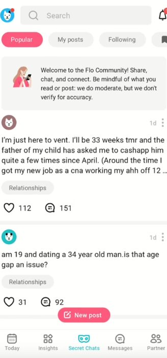 User posts on Flo’s community page.