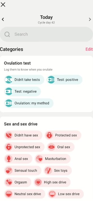 Flo’s list of loggable symptoms.