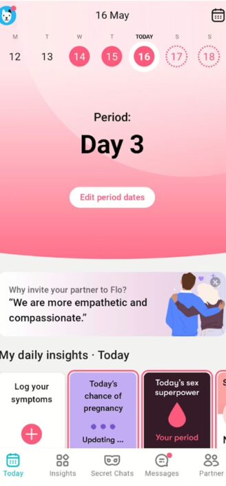 Flo’s overview of cycle showing current day and fertility.