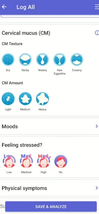 Glow’s menu of symptoms to log.