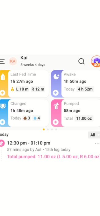 Glow Baby’s dashboard showing recent activity.