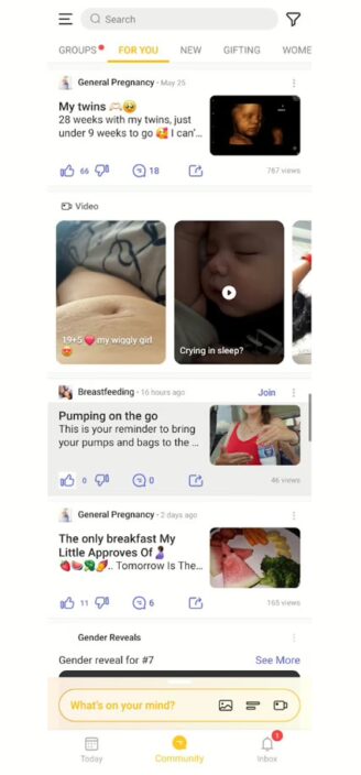 Glow Baby’s community page with videos and written posts.